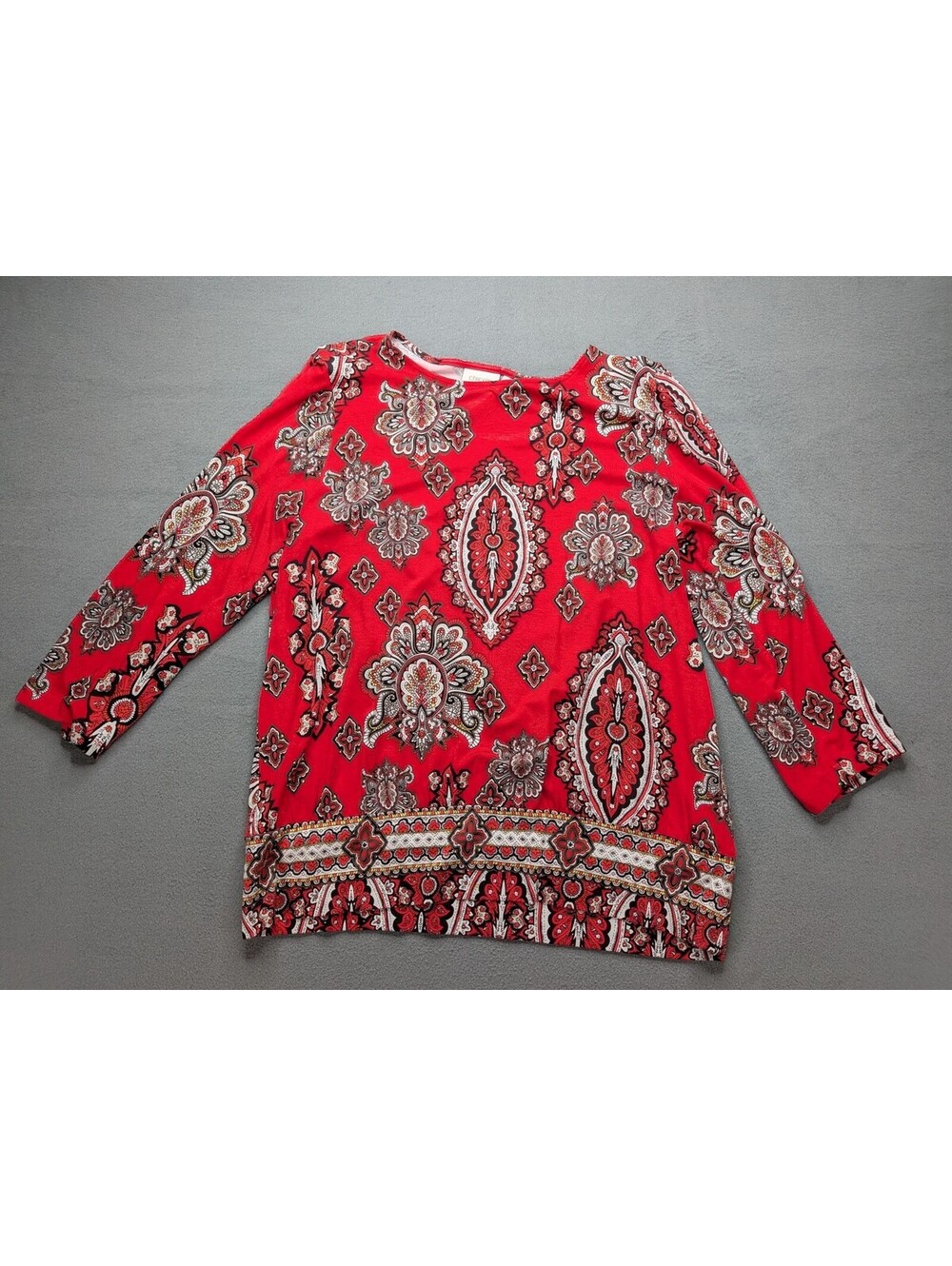 Chico's Blouse Womens 2 Red Paisley 3/4 Sleeve Round Neck Jersey Top Boho